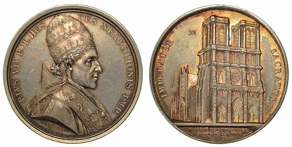 PIO VII CONSACRA NAPOLEONE IMPERATORE A PARIGI. Medaglia in argento anno XIII (1804).