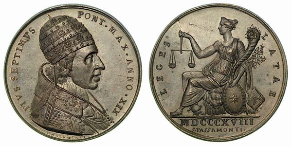 PIO VII, 1800-1823. NUOVO ASSETTO DATO AL SETTORE DELLA GIUSTIZIA. Medaglia in bronzo anno XIX (1818).