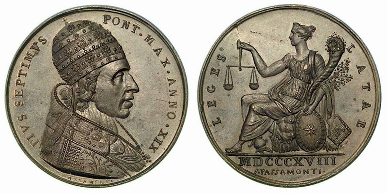 PIO VII, 1800-1823. NUOVO ASSETTO DATO AL SETTORE DELLA GIUSTIZIA. Medaglia in bronzo anno XIX (1818).  - Asta Numismatica - Cambi Casa d'Aste