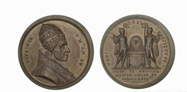 PIO VII RITORNA A ROMA 1814 SOGGIORNO A IMOLA E CESENA. Medaglia in bronzo anno XV (1814).