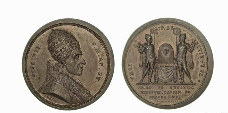 PIO VII RITORNA A ROMA 1814 SOGGIORNO A IMOLA E CESENA. Medaglia in bronzo anno XV (1814).  - Auction Numismatics - Cambi Casa d'Aste