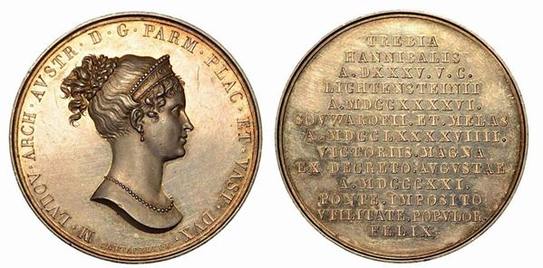MARIA LUIGIA D'AUSTRIA, 1815-1847. MARIA LUIGIA D'AUSTRIA PROMUOVE LA COSTRUZIONE DEL PONTE SUL FIUME TREBBIA, 1821. Medaglia in argento, Parma.