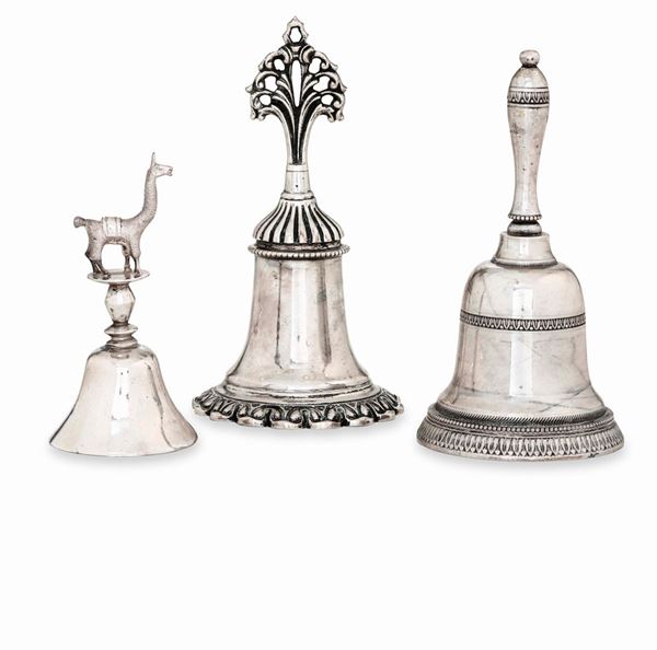 Tre campanelli in argento. differenti manifatture italiane ed estere del XX secolo