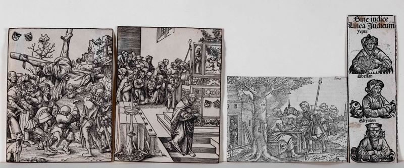 Hans Brosamer - Michael Wolgemuth "Gli antenati del Signore" Norimberga 1434 - 1519, xilografia dalla Cronaca di Norimberga; "S. Pietro consegna un'epistola" Fulda 1506 Erfurt 1550, xilografia Bartsch volume VIII - w. 12(A) Al lotto si aggiungono altre due xilografie di Luca di Cranack, fine secolo XVI  - Asta Libri Antichi, Stampe, Incisioni e Carte Geografiche | Cambi Time - Cambi Casa d'Aste
