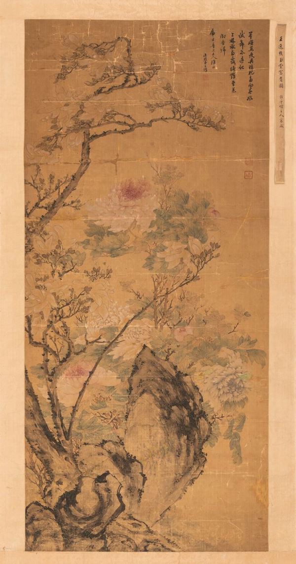 Dipinto su seta raffigurante soggetto naturalistico con peonie in fiore e iscrizione, Cina, Dinastia Qing, XIX secolo