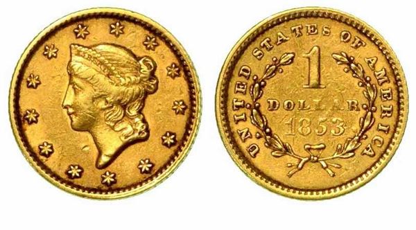 USA. Liberty dollar in oro 1853, zecca di Philadelphia.