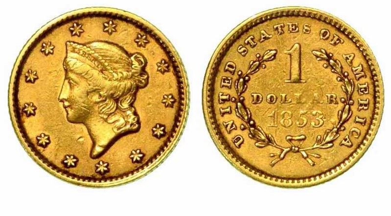 USA. Liberty dollar in oro 1853, zecca di Philadelphia.  - Asta Numismatica - Cambi Casa d'Aste