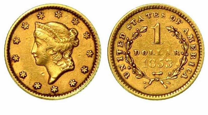 USA. Liberty dollar in oro 1853, zecca di Philadelphia.  - Auction Numismatics - Cambi Casa d'Aste