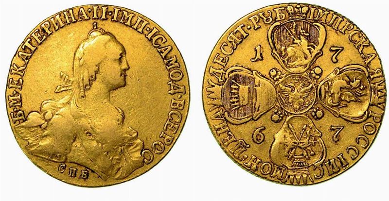 RUSSIA. Katerina II, 1762-1796. 10 Rubli 1767, zecca di San Pietroburgo.  - Auction Numismatics - Cambi Casa d'Aste