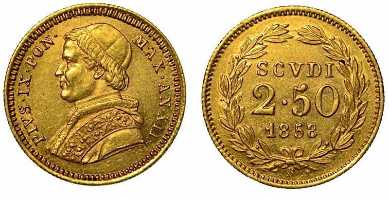 STATO PONTIFICIO. Pio IX, 1846-1878. 2,50 scudi 1858/a.XII.  - Auction Numismatics - Cambi Casa d'Aste