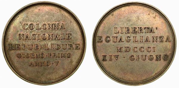COLONNA NAZIONALE REPUBBLICA LIGURE. Medaglia in bronzo 1801.