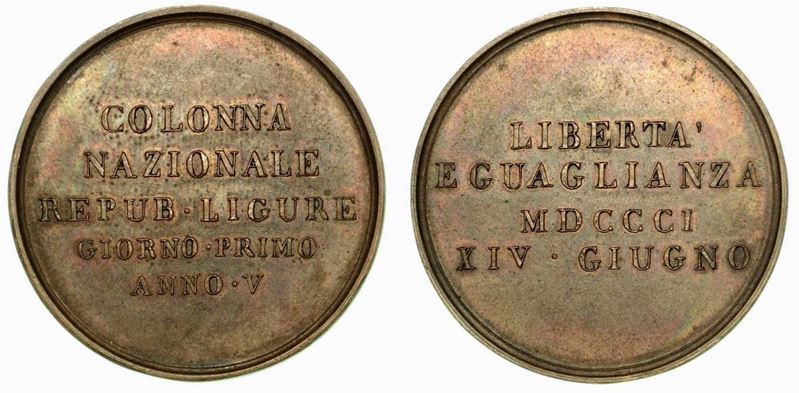 COLONNA NAZIONALE REPUBBLICA LIGURE. Medaglia in bronzo 1801.  - Auction Numismatics - Cambi Casa d'Aste