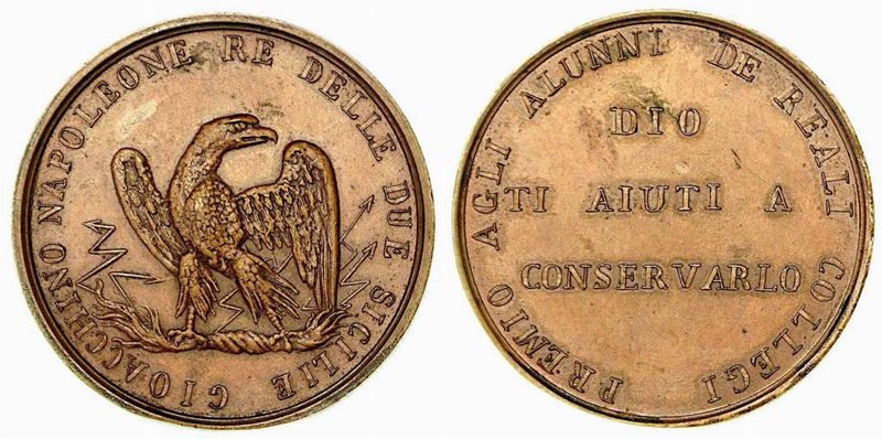 GIOACCHINO MURAT, 1808-1815. PREMIO DEI COLLEGI REALI DI NAPOLI PER LE CLASSI SUPERIORI. Medaglia in bronzo 1809.  - Auction Numismatics - Cambi Casa d'Aste