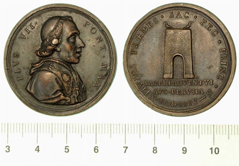 PIO VII, 1800-1823. VISITA ALLA CITTÀ DI PERUGIA. Medaglia in bronzo 1805, Roma.  - Auction Numismatics - Cambi Casa d'Aste