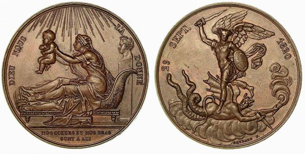 CAROLINA DI BORBONE, 1798-1870. NASCITA DEL DUCA DI BORDEAUX. Medaglia in bronzo 1820.