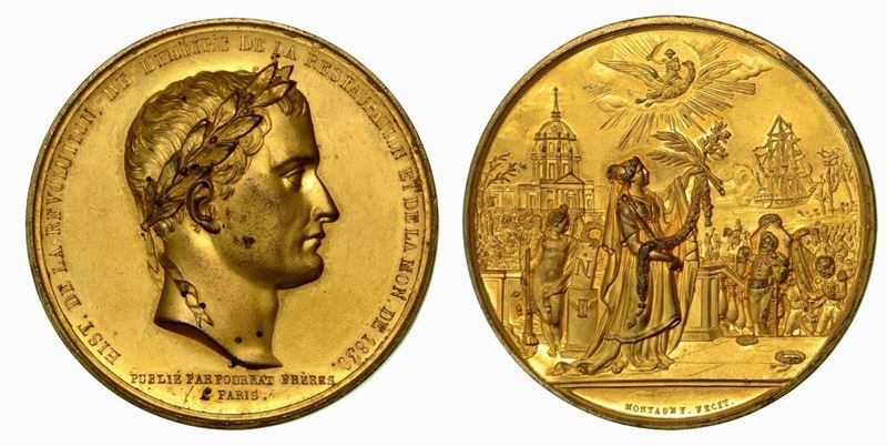 TRASLAZIONE A LES INVALIDES DELLE CENERI DI NAPOLEONE BUONAPARTE (1769-1821). Medaglia in bronzo dorato 1840.  - Auction Numismatics - Cambi Casa d'Aste