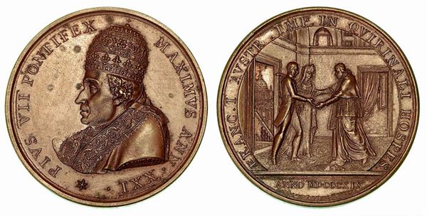 PIO VII, 1800-1823. VISITA DELL'IMPERATORE D'AUSTRIA AL QUIRINALE. Medaglia annuale in bronzo anno XXI (1820).