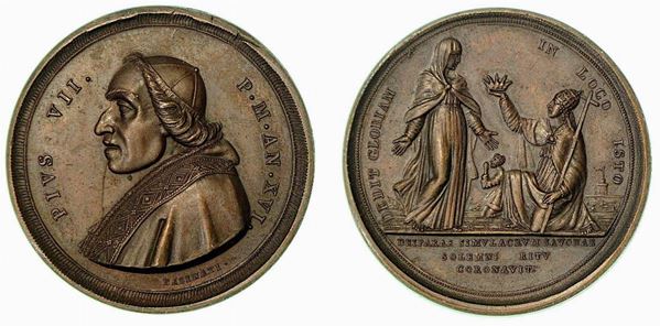 PIO VII, 1800-1823. INCORONAZIONE DELLA BEATA VERGINE DELLA MISERICORDIA IN SAVONA. Medaglia annuale in bronzo anno XVI (1815).