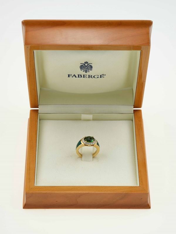 Peridot, enamel and diamond ring. Signed and numbered Fabergè 71/1000. Fitted case