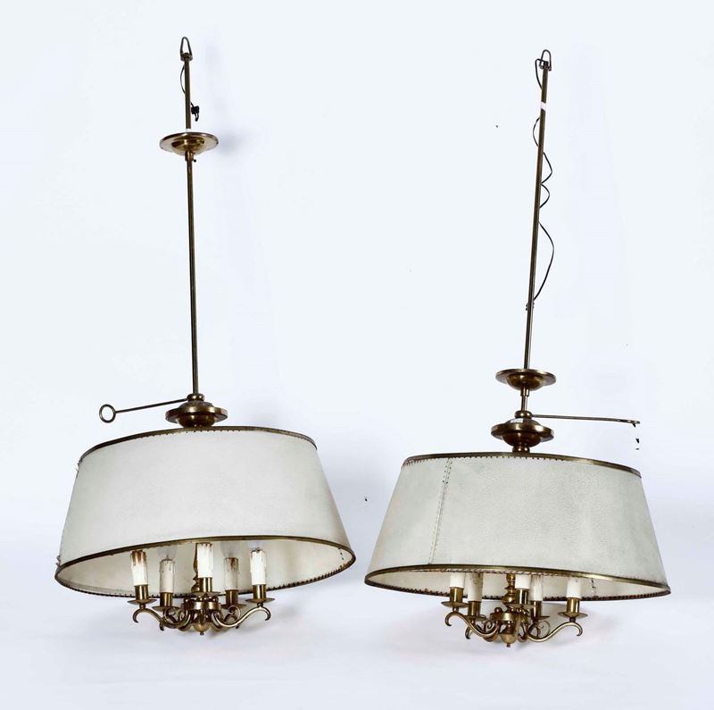 Coppia di lampadari in bronzo dorato e paralumi in pergamena  - Asta Da una collezione genovese | Cambi Time - I - Cambi Casa d'Aste