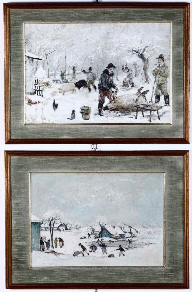 Antal Jancsek : Antal Jancsek (1907-1985) Coppia di Personaggi sulla neve  - Auction From a Genoese family | Cambi Time - I - Cambi Casa d'Aste