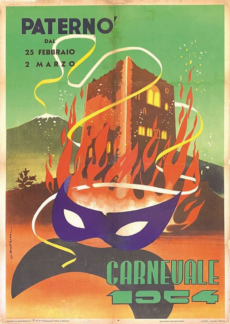 Adolfo Edmondo Mastriani : Adolfo Edmondo Mastriani (1917-2014)  PATERNO’ – CARNEVALE 1954  - Auction Posters | Cambi Time - I - Cambi Casa d'Aste