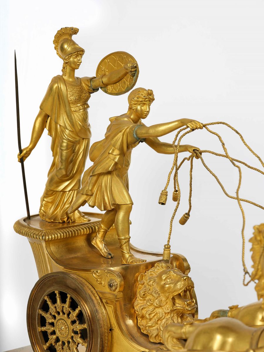 Pendola da Camino in Bronzo Dorato e Cesellato. Francia XIX Secolo