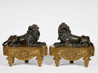 Coppia di Alari da Camino in Bronzo Dorato e Patinato. XIX Secolo
