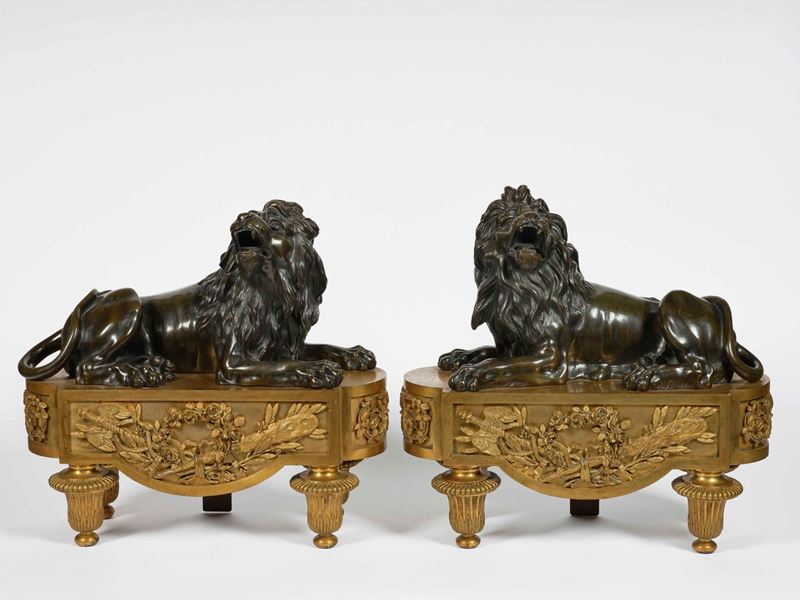 Coppia di alari da camino in bronzo dorato e patinato. XIX secolo  - Auction Palazzo Loschi Zileri dal Verme - Cambi Casa d'Aste