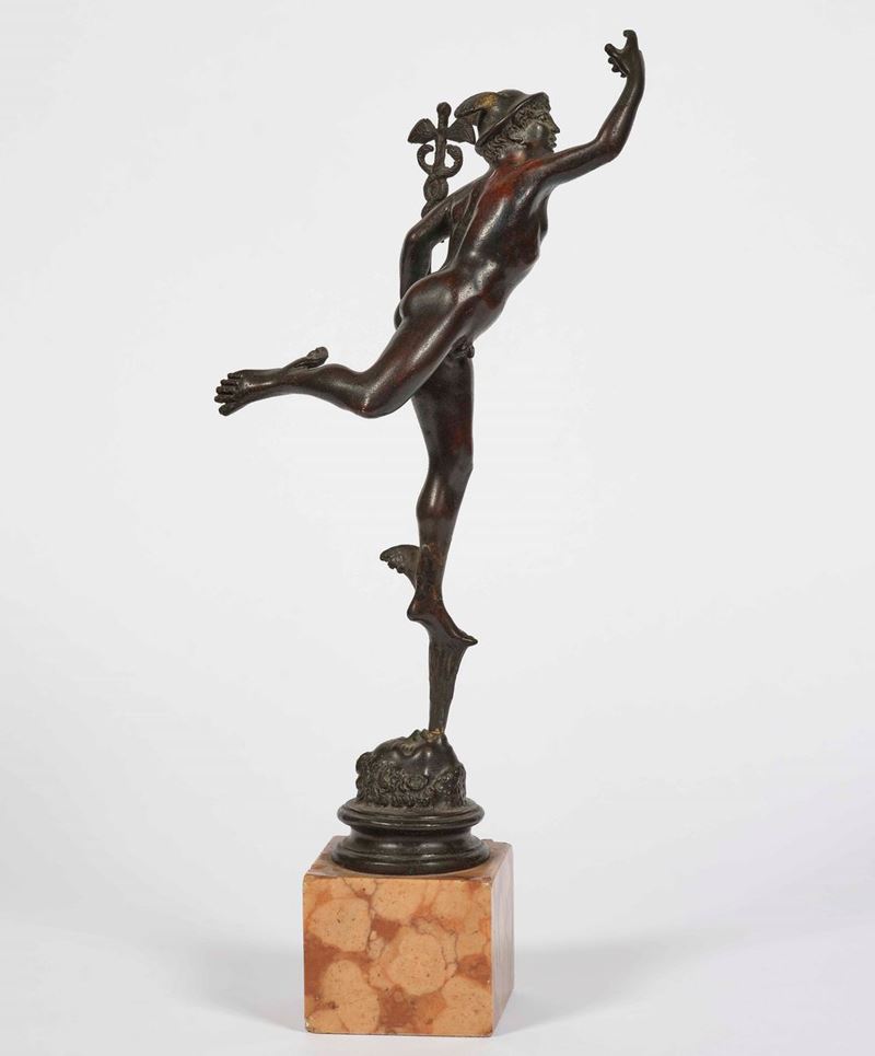 Mercurio del Giambologna in bronzo patinato. Fonditore del XIX secolo  - Asta Palazzo Loschi Zileri dal Verme - Cambi Casa d'Aste