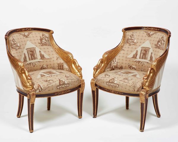 Coppia di rare sedie in mogano e legno dorato. Prima metà XIX secolo