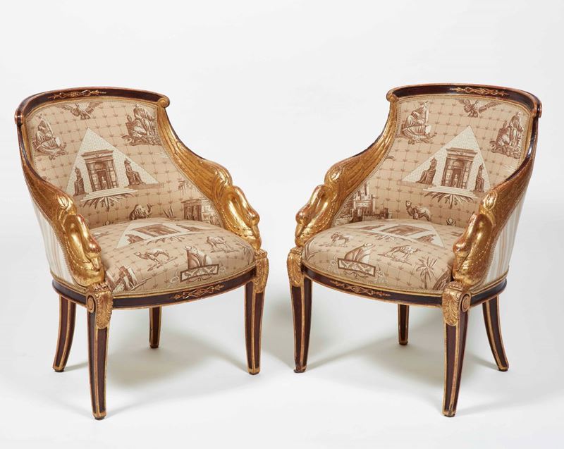 Coppia di rare sedie in mogano e legno dorato. Prima metà XIX secolo  - Auction Palazzo Loschi Zileri dal Verme - Cambi Casa d'Aste