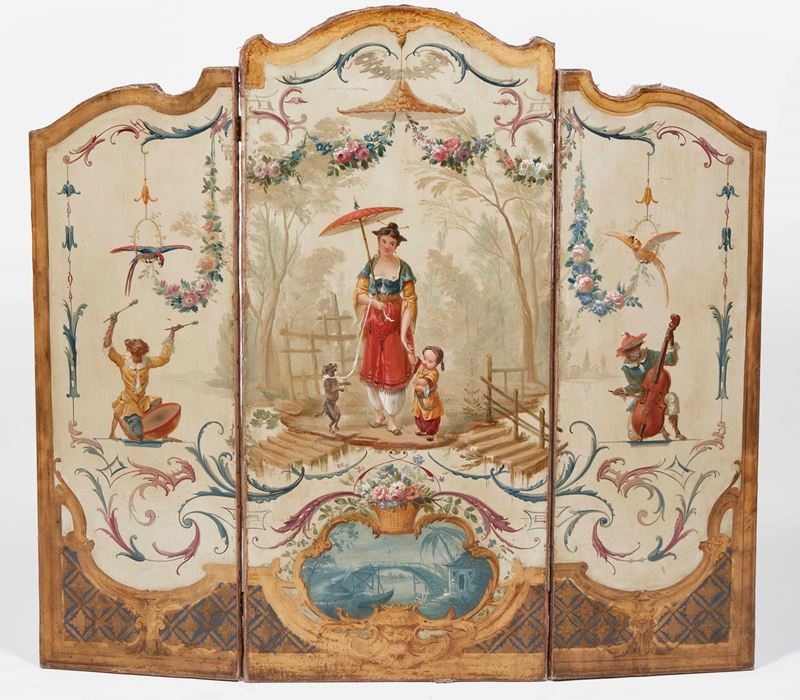 Parascintille a tre ante di forma sagomata in tela dipinta a olio. Secolo XVIII  - Auction Palazzo Loschi Zileri dal Verme - Cambi Casa d'Aste