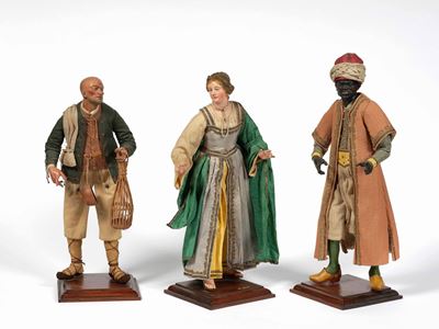 Insieme di Figure Presepiali Comprendente un Venditore una Giovane Donna e un Moro. Terracotta Di...