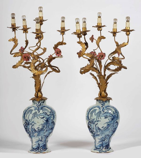 Coppia di vasi montati a lampada Olanda, Manifattura di Delft, XVIII secolo (maiolica)