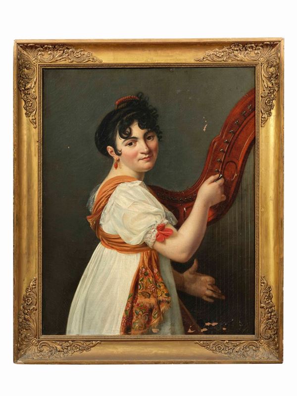 Pittore neoclassico dell'inizio XIX secolo Suonatrice d’arpa