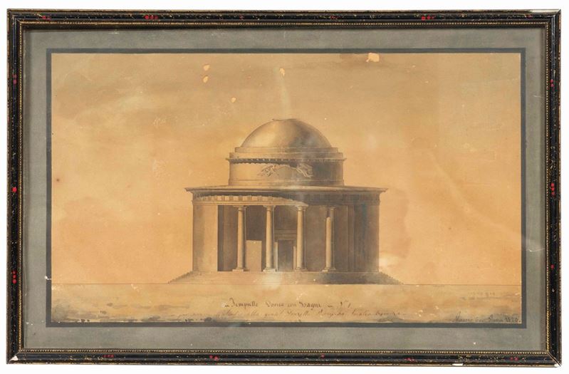 Scuola del XIX secolo Tempietto dorico con bagni  - china su carta - Asta Palazzo Loschi Zileri dal Verme - Cambi Casa d'Aste