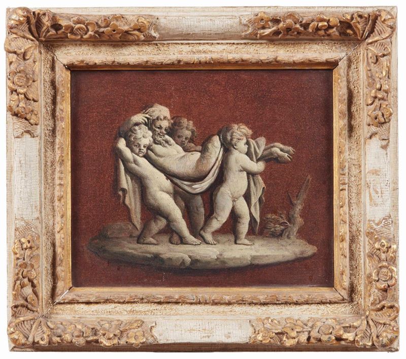 Scuola neoclassica del XIX secolo Putti che trasportano un Fauno  - olio su tela - Asta Palazzo Loschi Zileri dal Verme - Cambi Casa d'Aste