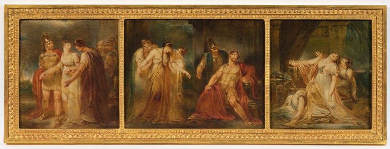 Scuola neoclassica del XIX secolo Scene della vita di Cleopatra  - olio su tavoletta - Asta Palazzo Loschi Zileri dal Verme - Cambi Casa d'Aste