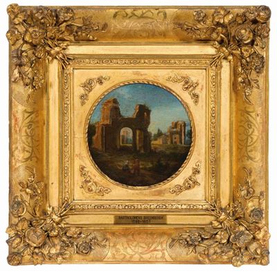 Artista Fiammingo Attivo in Italia nel XVII Secolo Capricci con Rovine e Contadini