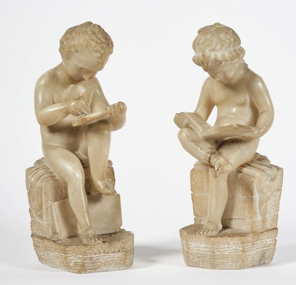 Allegoria della lettura e della scultura. Alabastro bianco. Arte italiana del XIX secolo