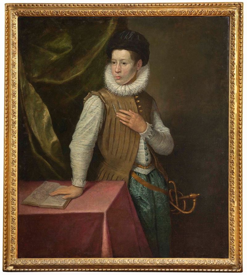 Giovanni Antonio Fasolo : Ritratto di giovane gentiluomo con spada  - olio su tela - Asta Palazzo Loschi Zileri dal Verme - Cambi Casa d'Aste