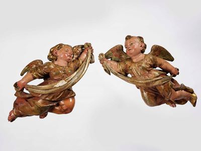 Coppia di Putti in Legno Policromo e Dorato. Arte Barocca, Austria o Germania del Sud