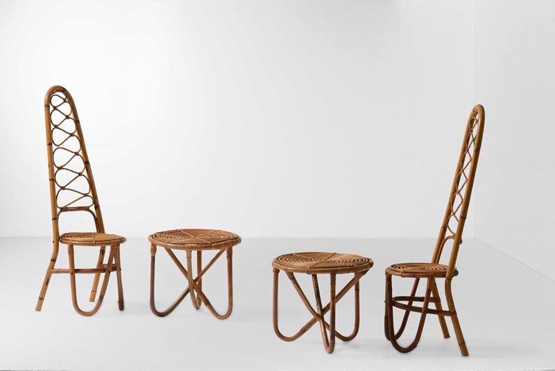Coppia di sedie e due tavoli bassi in vimini e bambù.  - Auction Design Lab - Cambi Casa d'Aste