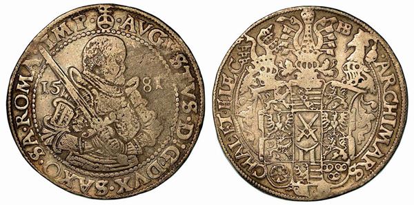 GERMANIA - SASSONIA. August I, 1553-1586. Thaler 1581-HB, zecca di Dresda.