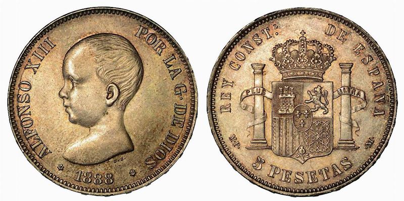 SPAGNA. Alfonso XIII, 1886-1931. 5 Pesetas 1888 MP – M, zecca di Madrid.  - Auction Numismatics - Cambi Casa d'Aste