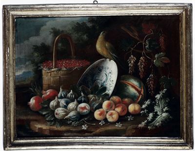 Scuola Dell’italia Meridionale del XVIII Secolo Nature Morte con Frutta, Vasellame e Volatili