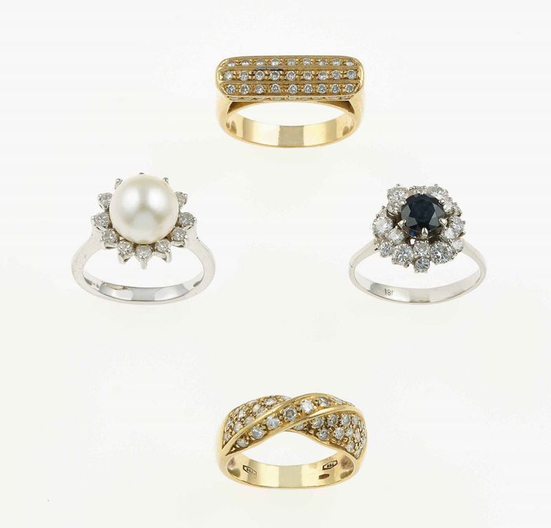 Lotto composto da quattro anelli con diamanti, zaffiro e perla  - Asta Gioielli | Cambi Time - Cambi Casa d'Aste