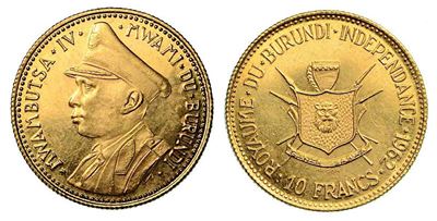 Burundi. Mwambutsa IV, 1962-1966. 10 Francs 1962. per L'indipendenza del Burundi.