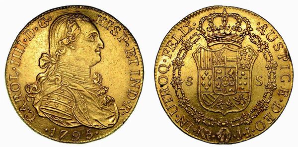 COLOMBIA. Carlos IV, 1788-1808. 8 Escudos 1795. Nuevo Reino (Bogotà).